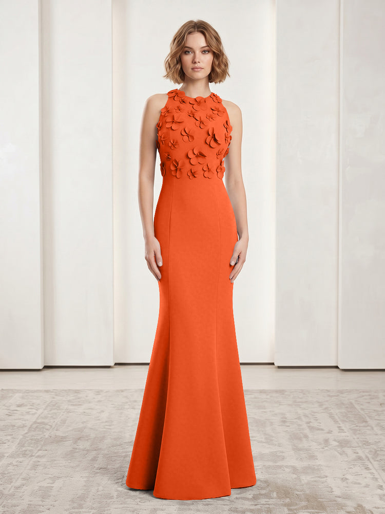 Luxury Floral Appliques Halter Satin Mermaid Scoop Neck Long Evening Dresses with 3D Flowers