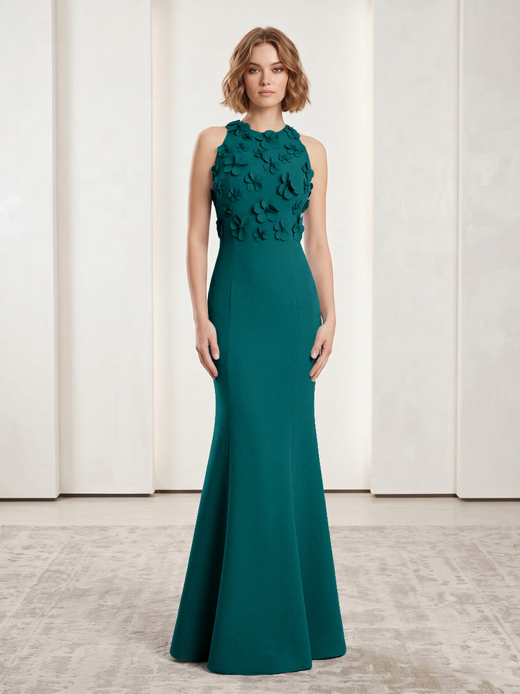 Luxury Floral Appliques Halter Satin Mermaid Scoop Neck Long Evening Dresses with 3D Flowers