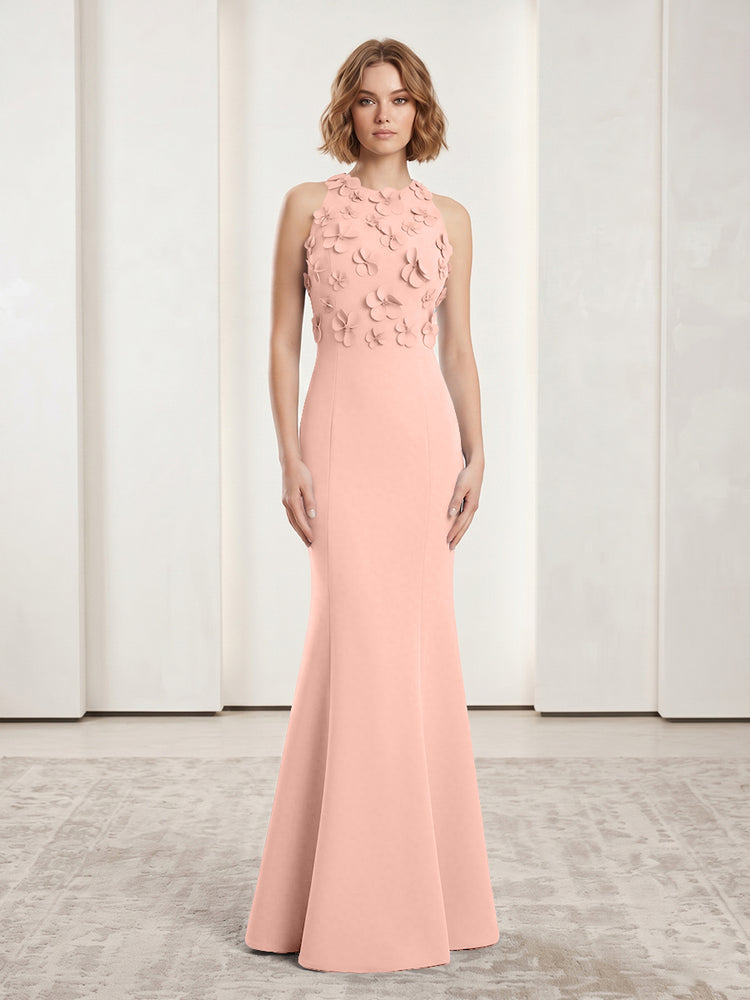 Luxury Floral Appliques Halter Satin Mermaid Scoop Neck Long Evening Dresses with 3D Flowers