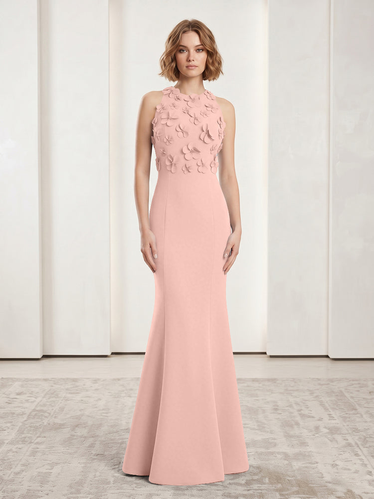 Luxury Floral Appliques Halter Satin Mermaid Scoop Neck Long Evening Dresses with 3D Flowers