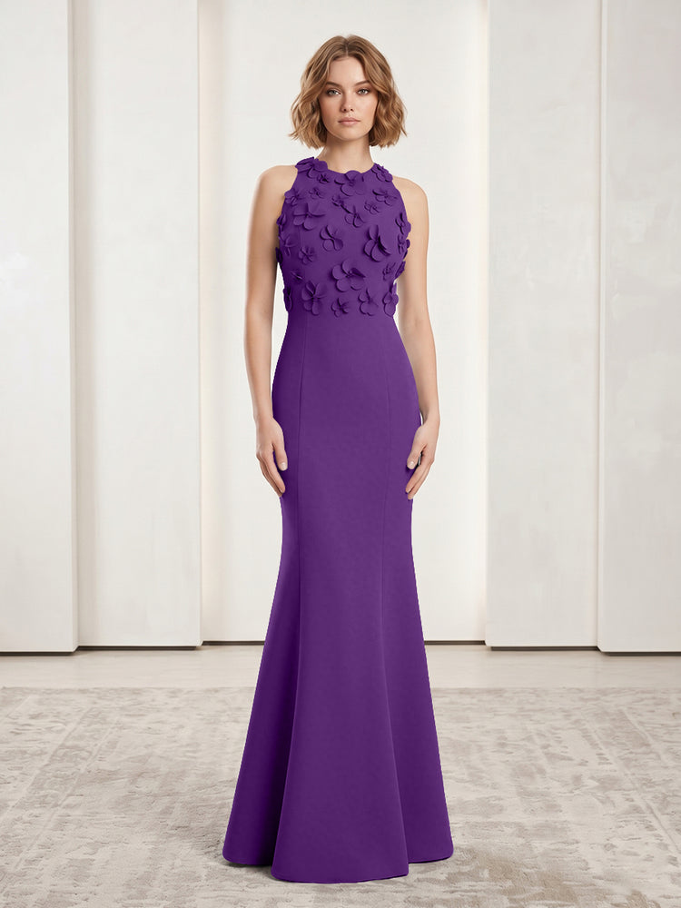 Luxury Floral Appliques Halter Satin Mermaid Scoop Neck Long Evening Dresses with 3D Flowers