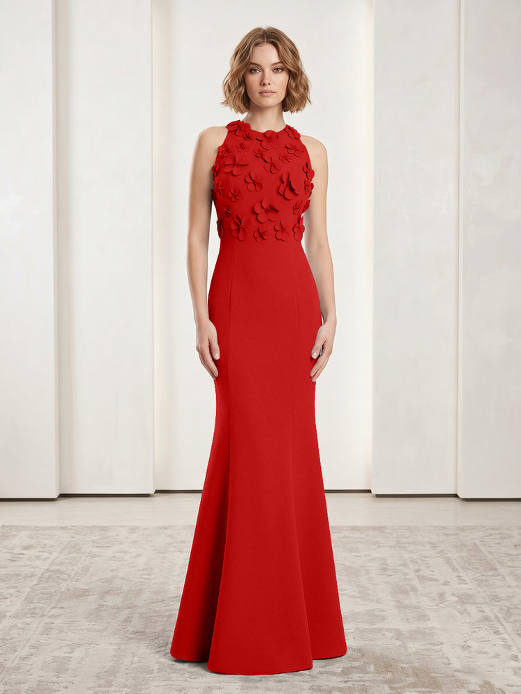 Luxury Floral Appliques Halter Satin Mermaid Scoop Neck Long Evening Dresses with 3D Flowers