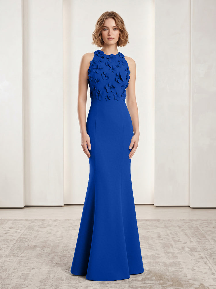 Luxury Floral Appliques Halter Satin Mermaid Scoop Neck Long Evening Dresses with 3D Flowers