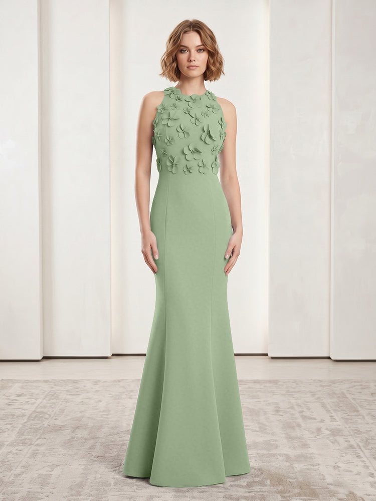 Luxury Floral Appliques Halter Satin Mermaid Scoop Neck Long Evening Dresses with 3D Flowers