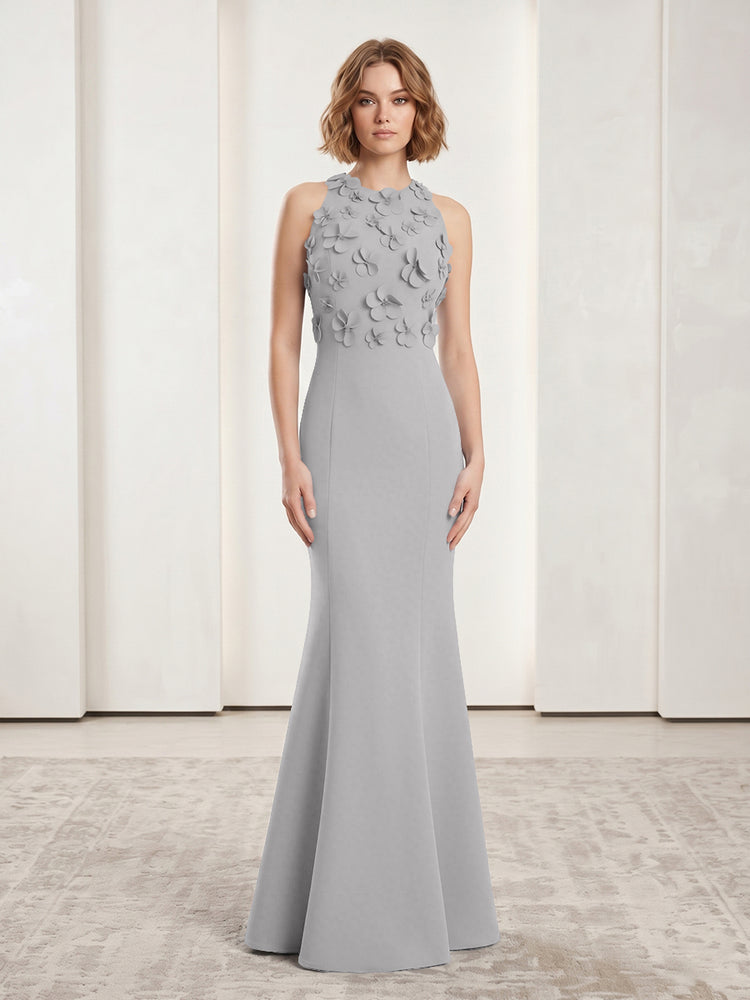 Luxury Floral Appliques Halter Satin Mermaid Scoop Neck Long Evening Dresses with 3D Flowers