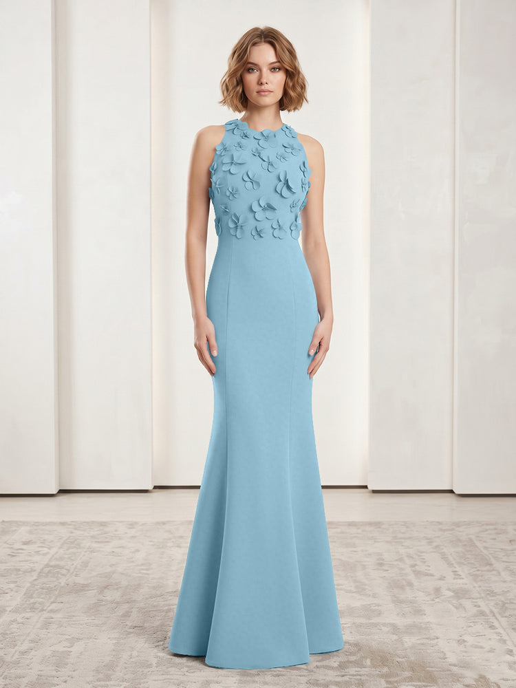Luxury Floral Appliques Halter Satin Mermaid Scoop Neck Long Evening Dresses with 3D Flowers