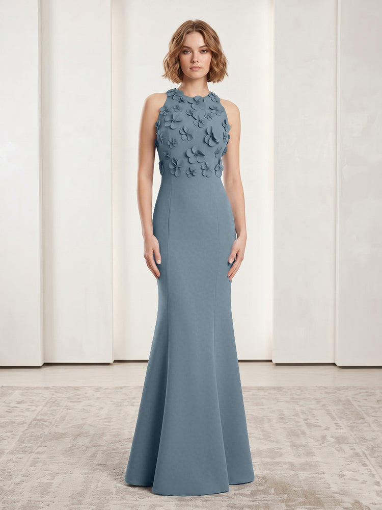 Luxury Floral Appliques Halter Satin Mermaid Scoop Neck Long Evening Dresses with 3D Flowers