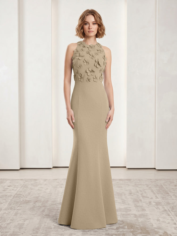 Luxury Floral Appliques Halter Satin Mermaid Scoop Neck Long Evening Dresses with 3D Flowers