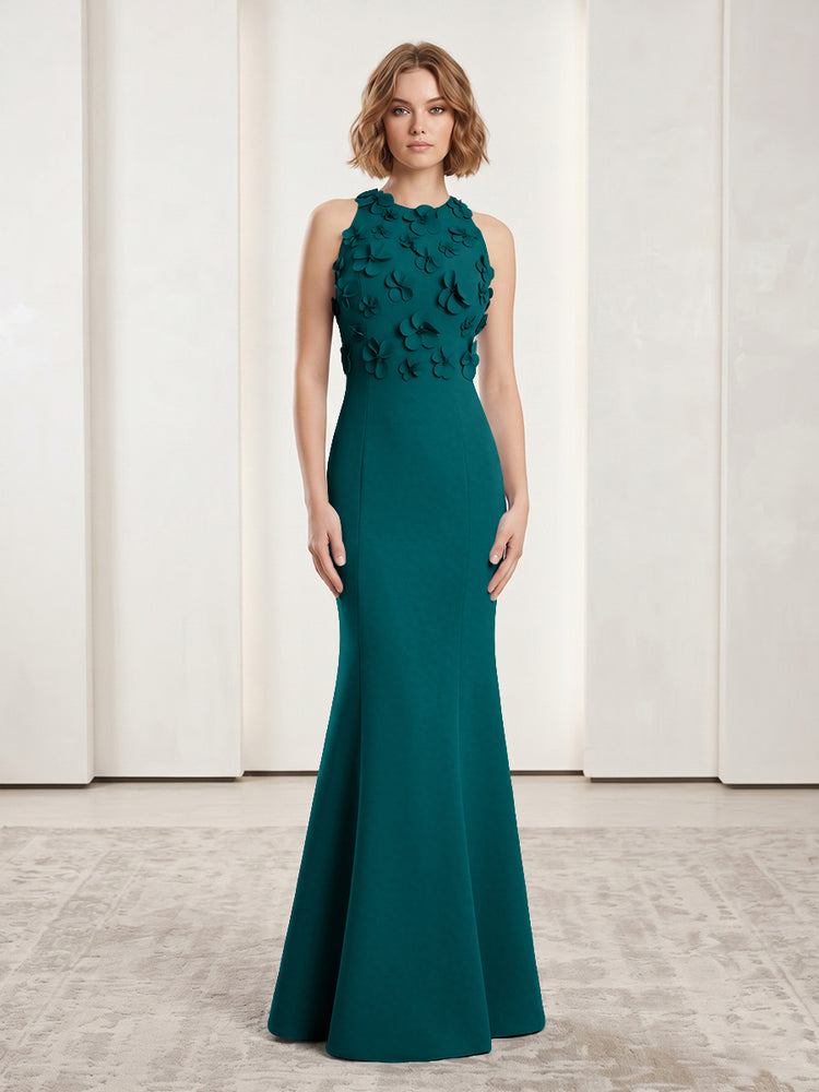 Luxury Floral Appliques Halter Satin Mermaid Scoop Neck Long Evening Dresses with 3D Flowers