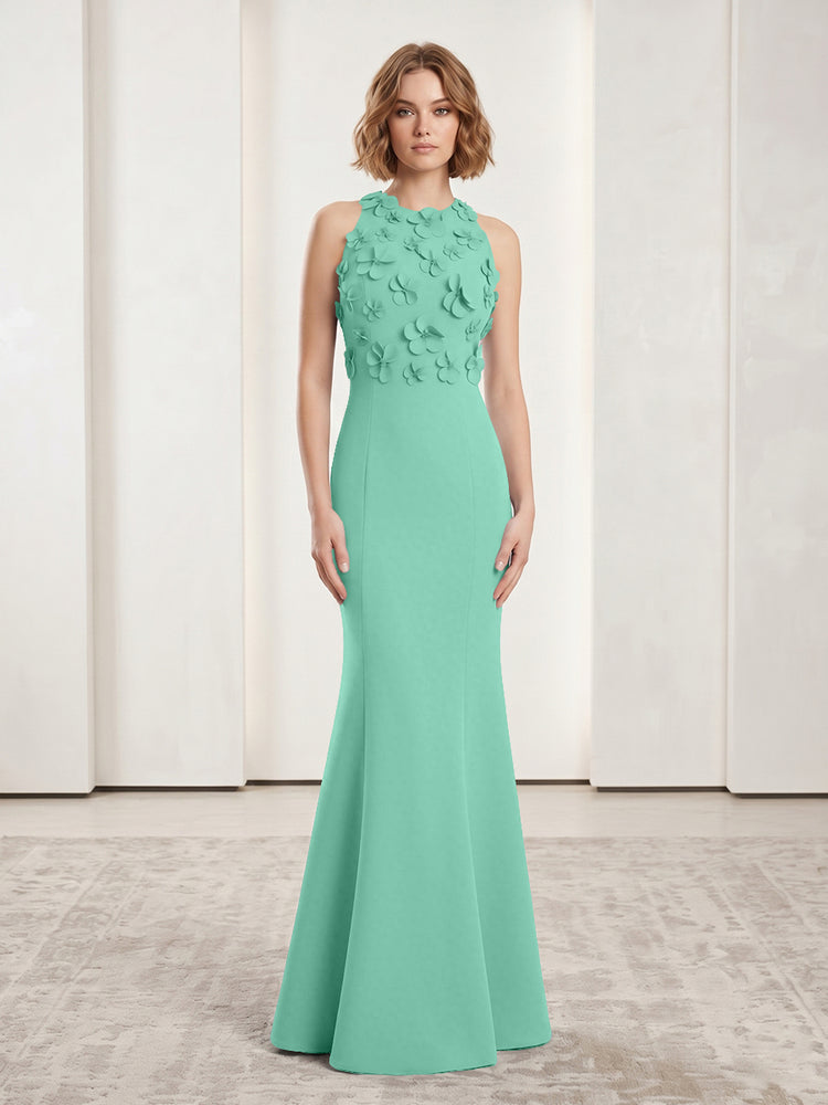 Luxury Floral Appliques Halter Satin Mermaid Scoop Neck Long Evening Dresses with 3D Flowers