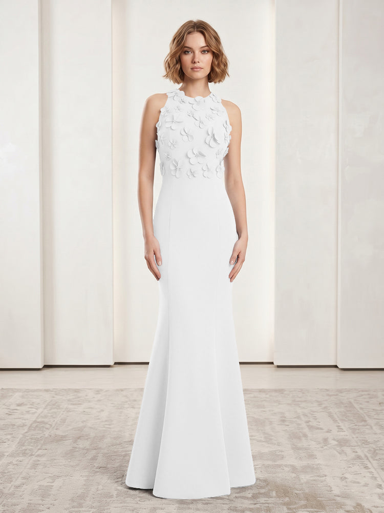 Luxury Floral Appliques Halter Satin Mermaid Scoop Neck Long Evening Dresses with 3D Flowers