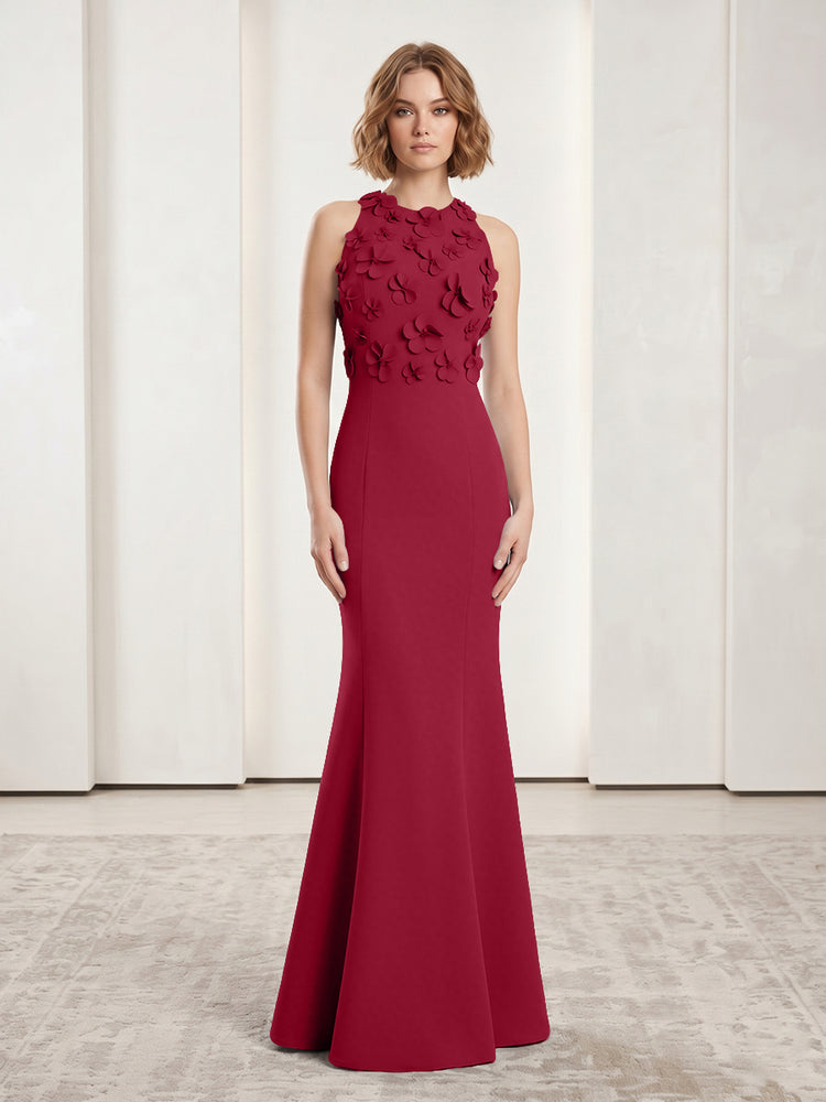 Luxury Floral Appliques Halter Satin Mermaid Scoop Neck Long Evening Dresses with 3D Flowers