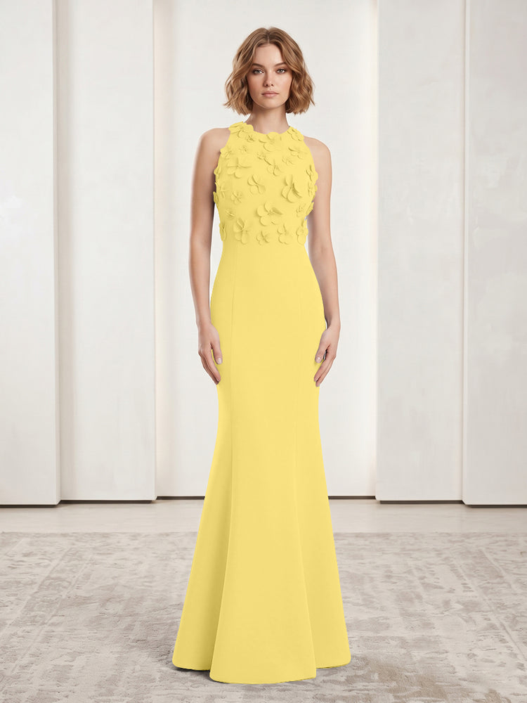 Luxury Floral Appliques Halter Satin Mermaid Scoop Neck Long Evening Dresses with 3D Flowers