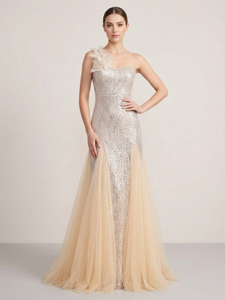 Sequin Mermaid One Shoulder Long Evening Dresses with 3D Flowers