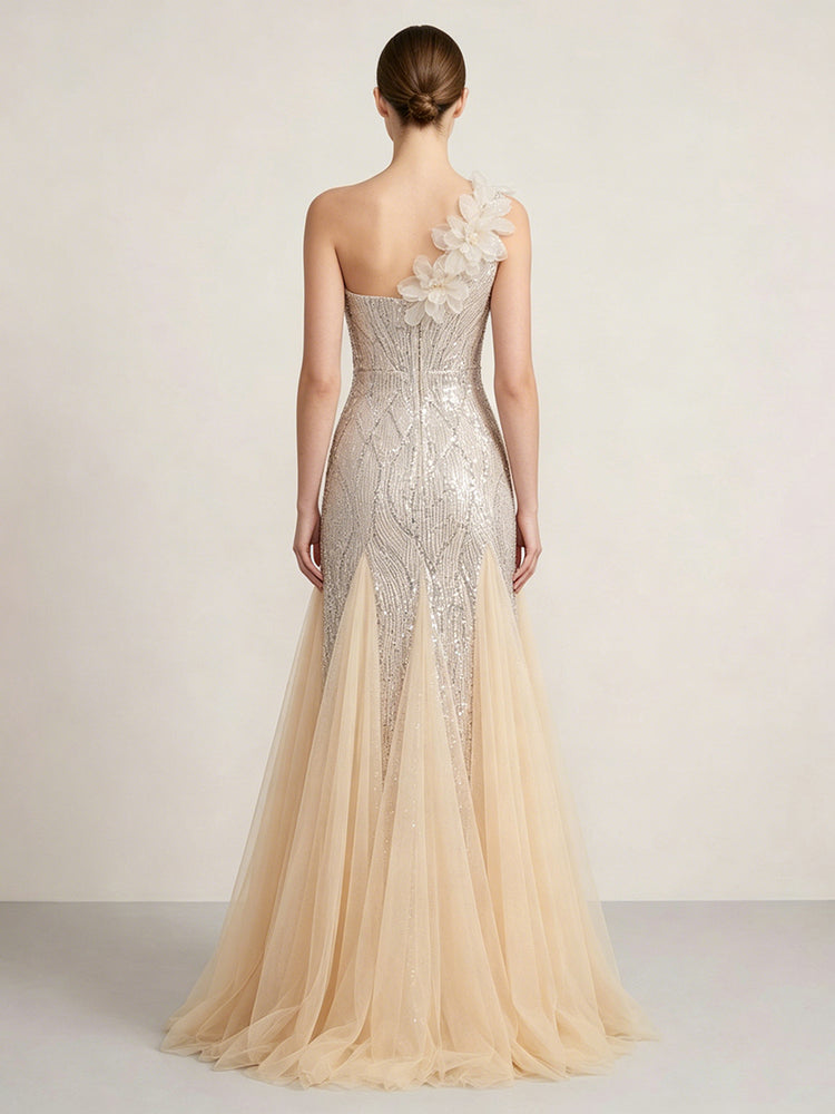 Sequin Mermaid One Shoulder Long Evening Dresses with 3D Flowers