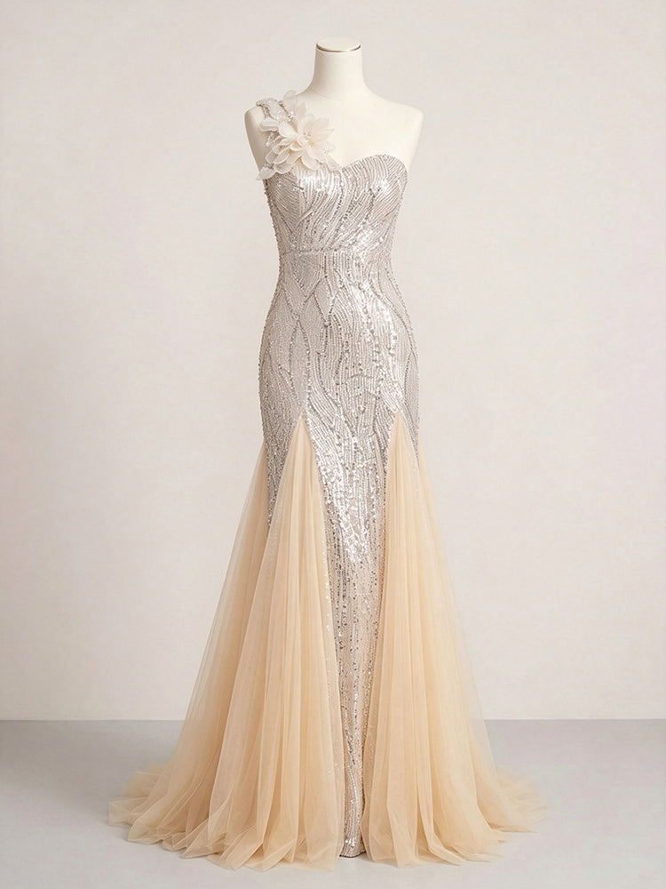 Sequin Mermaid One Shoulder Long Evening Dresses with 3D Flowers