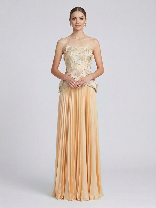Chiffon A-Line Strapless Long Evening Dresses with 3D Flowers