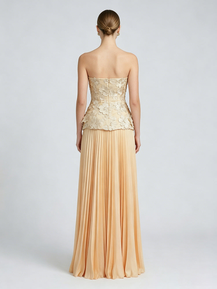 Chiffon A-Line Strapless Long Evening Dresses with 3D Flowers