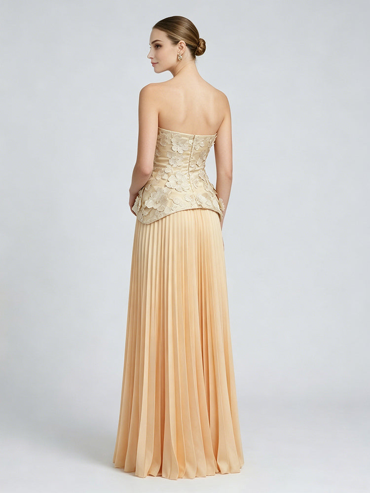 Chiffon A-Line Strapless Long Evening Dresses with 3D Flowers
