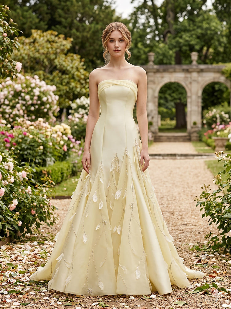 Satin A-Line Strapless Long Evening Dresses with Beadings