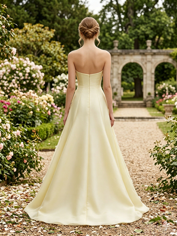 Satin A-Line Strapless Long Evening Dresses with Beadings