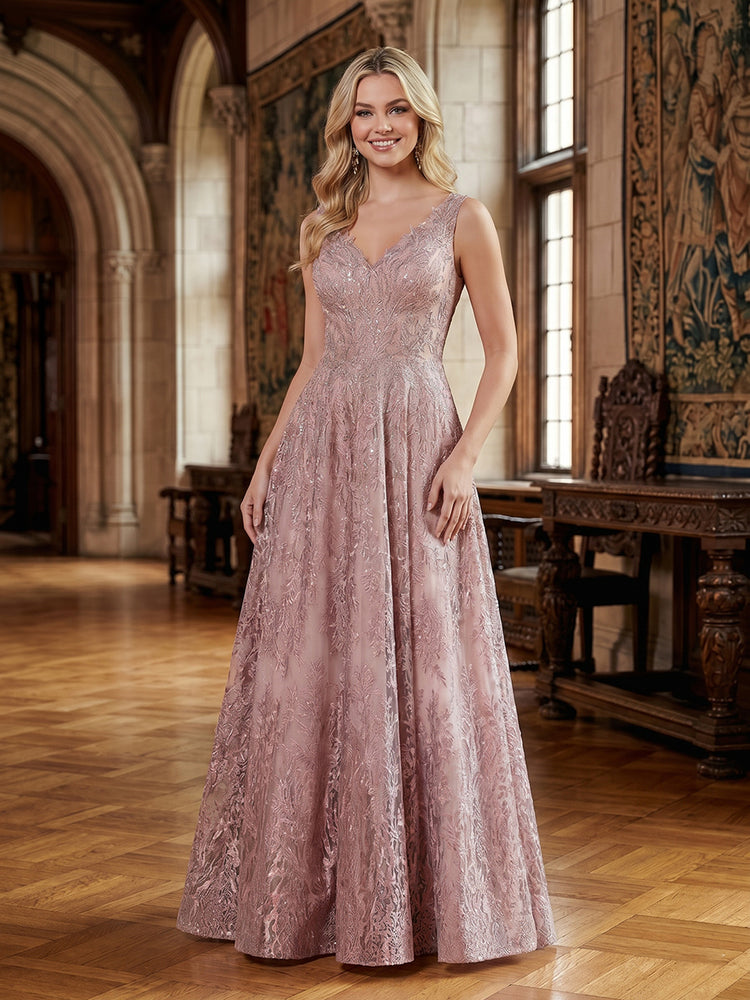 Lace Appliques A-Line V Neck Long Evening Dresses with Pleats