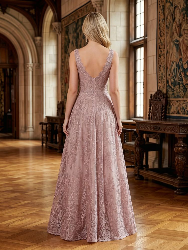 Lace Appliques A-Line V Neck Long Evening Dresses with Pleats