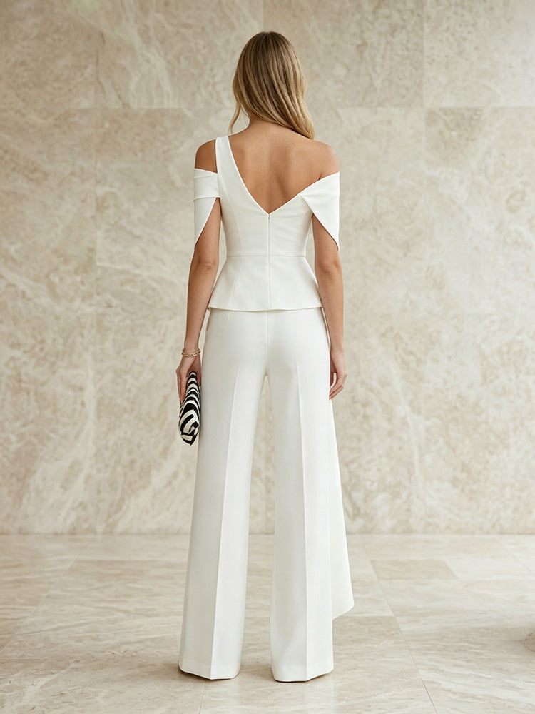 Satin Pantsuit Asymmetric Neck Long Evening Dresses with Ruffles