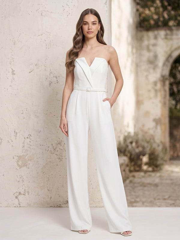 Satin Jumpsuit Strapless Long Evening Dresses with Belt