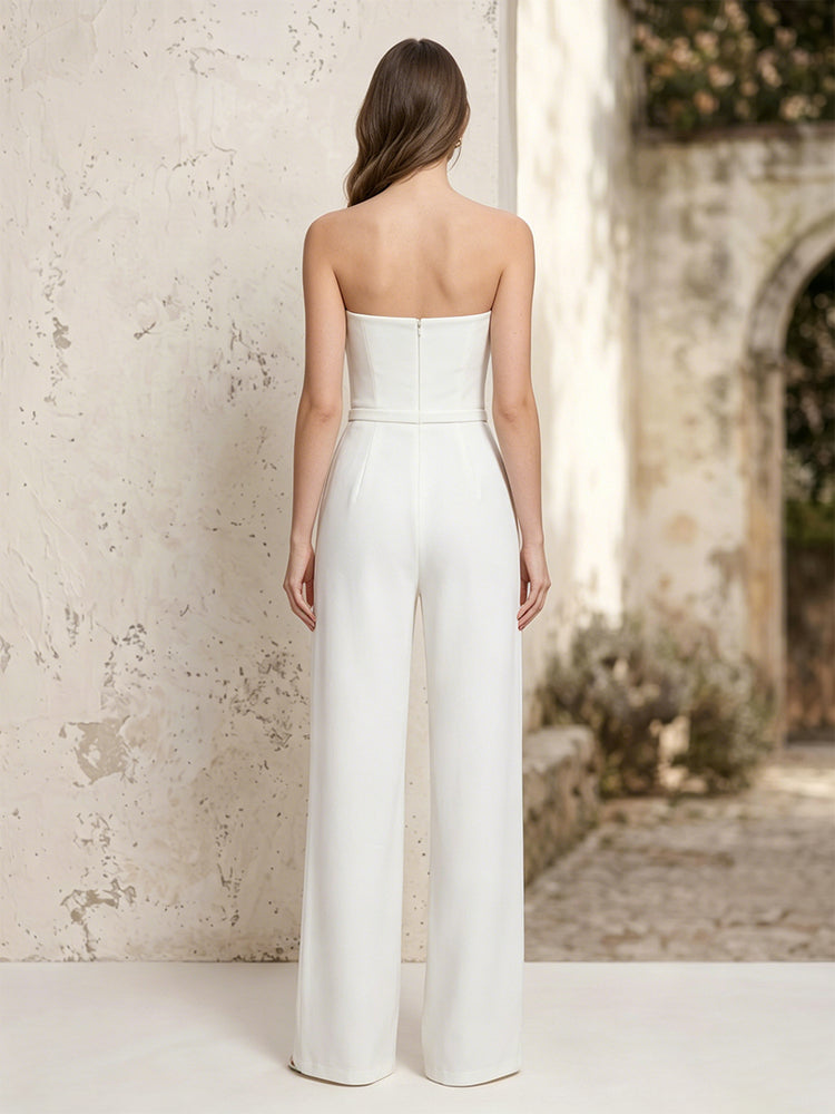 Satin Jumpsuit Strapless Long Evening Dresses with Belt