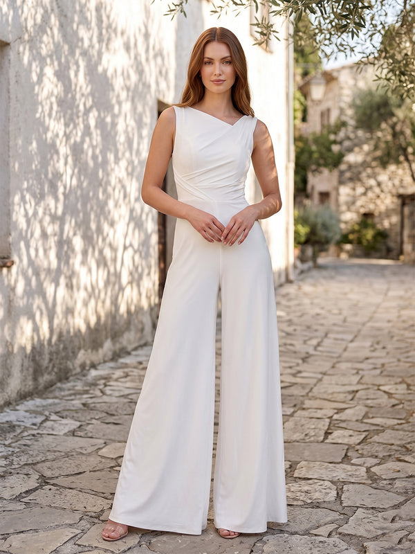 Satin Jumpsuit V Neck Long Ruched Evening Dresses