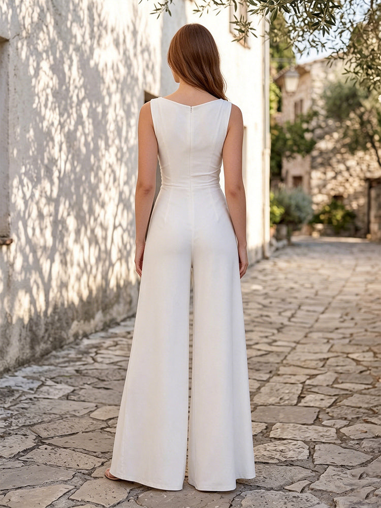 Satin Jumpsuit V Neck Long Ruched Evening Dresses