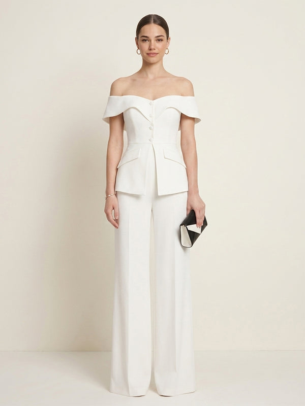 Satin Pantsuit Off the Shoulder Long Evening Dresses with Pocket