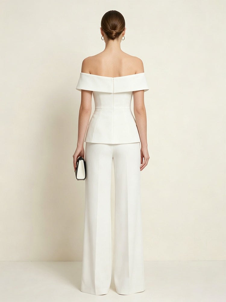 Satin Pantsuit Off the Shoulder Long Evening Dresses with Pocket