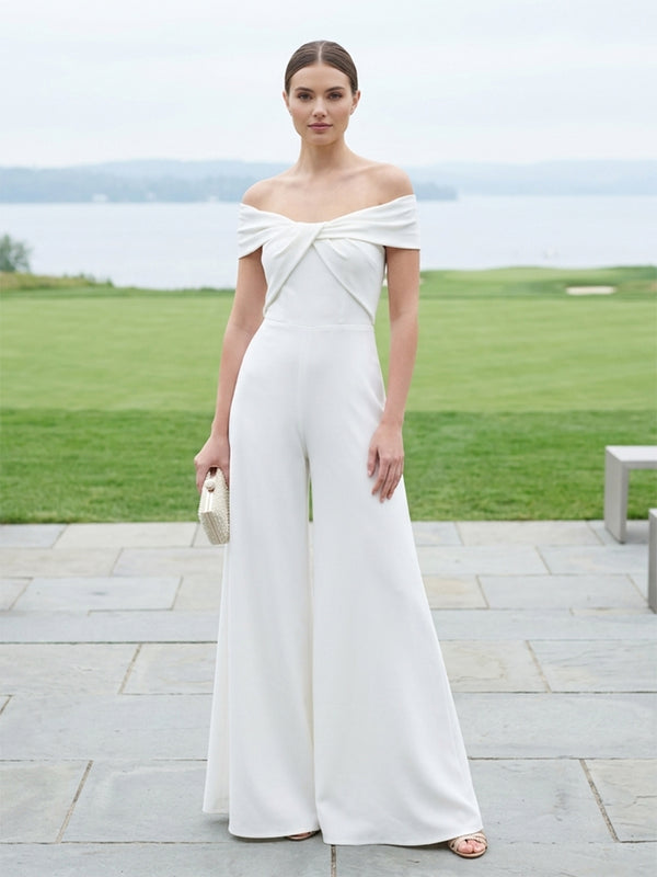 Satin Jumpsuit Off the Shoulder Long Ruched Evening Dresses