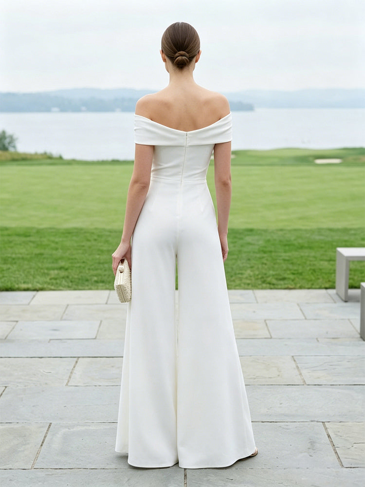 Satin Jumpsuit Off the Shoulder Long Ruched Evening Dresses