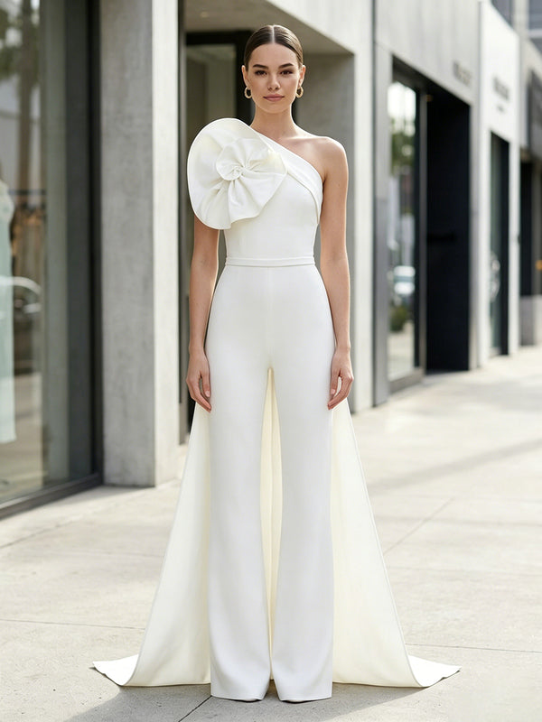 Satin Jumpsuit One Shoulder Long Evening Dresses with 3D Flowers