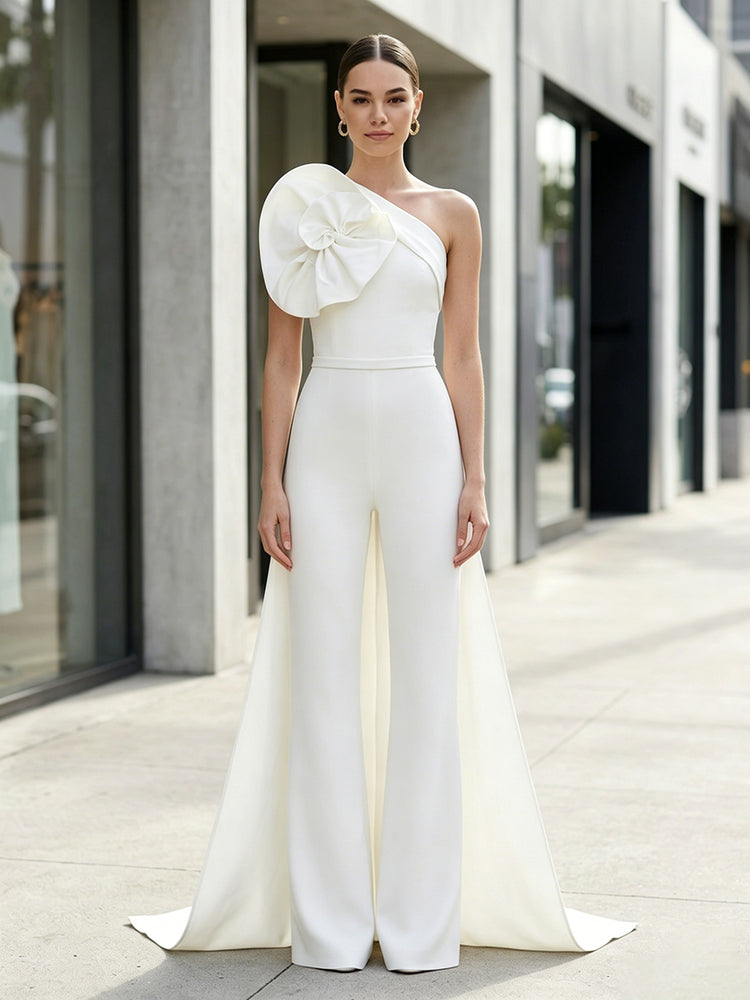 Satin Jumpsuit One Shoulder Long Evening Dresses with 3D Flowers