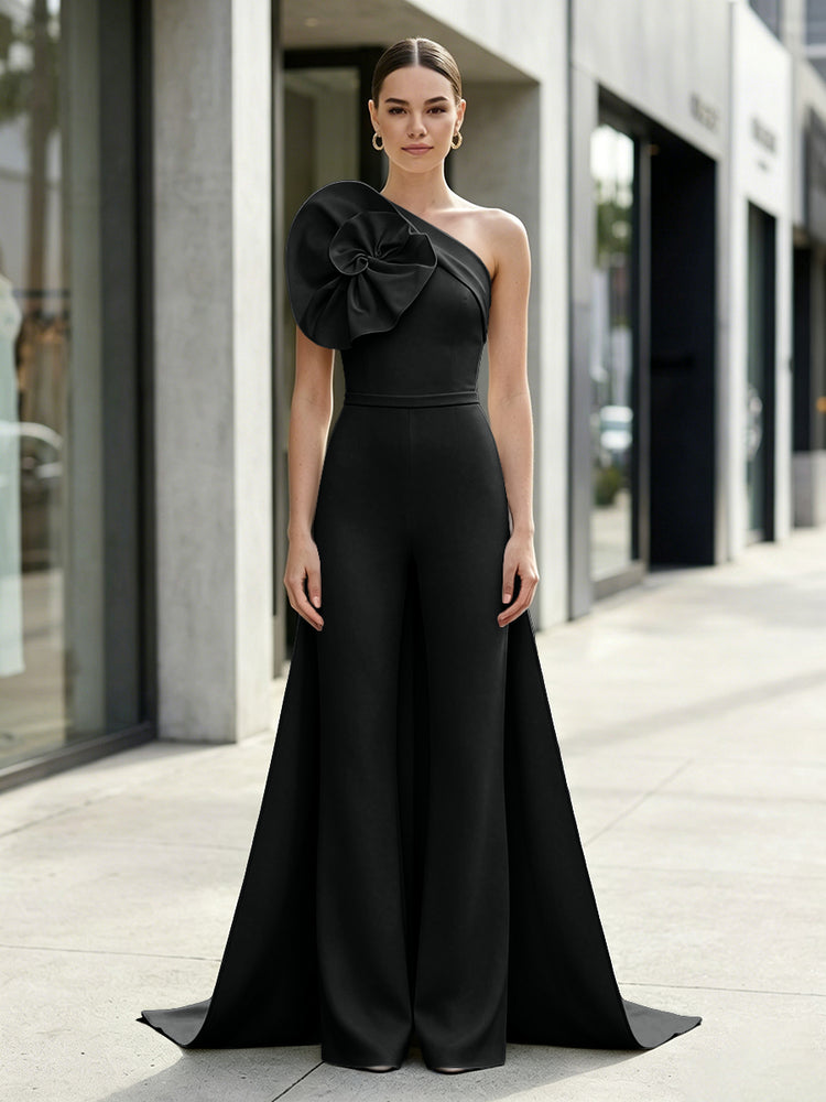 Satin Jumpsuit One Shoulder Long Evening Dresses with 3D Flowers