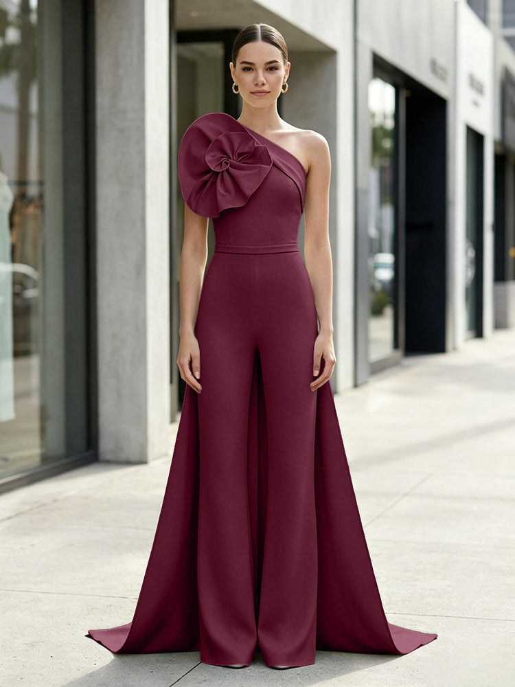 Satin Jumpsuit One Shoulder Long Evening Dresses with 3D Flowers