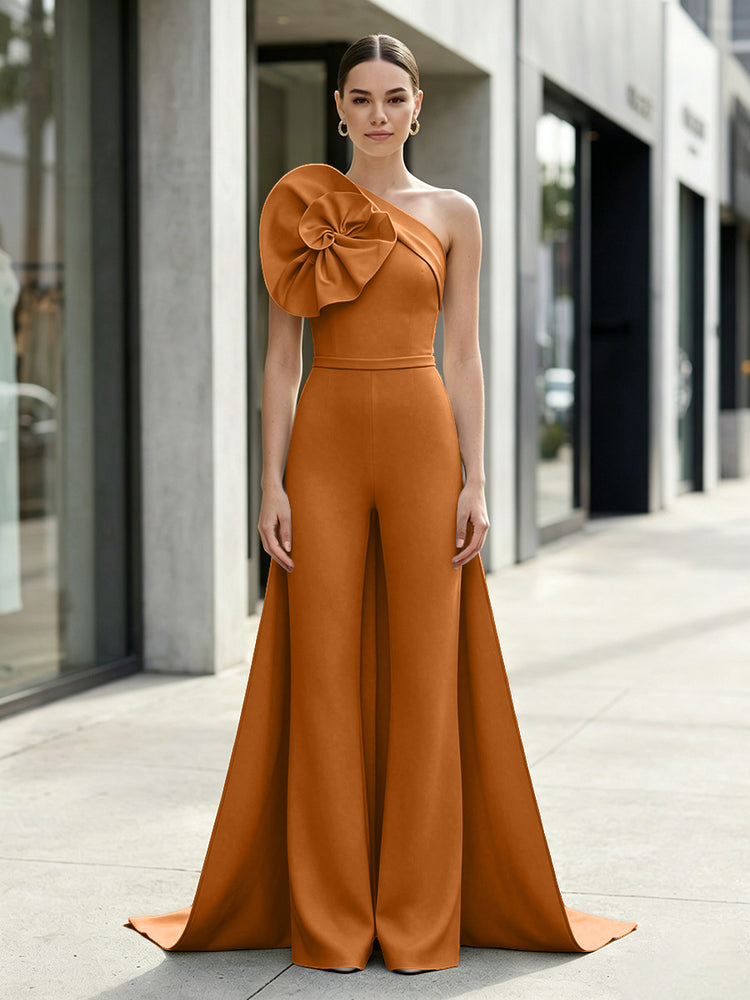 Satin Jumpsuit One Shoulder Long Evening Dresses with 3D Flowers