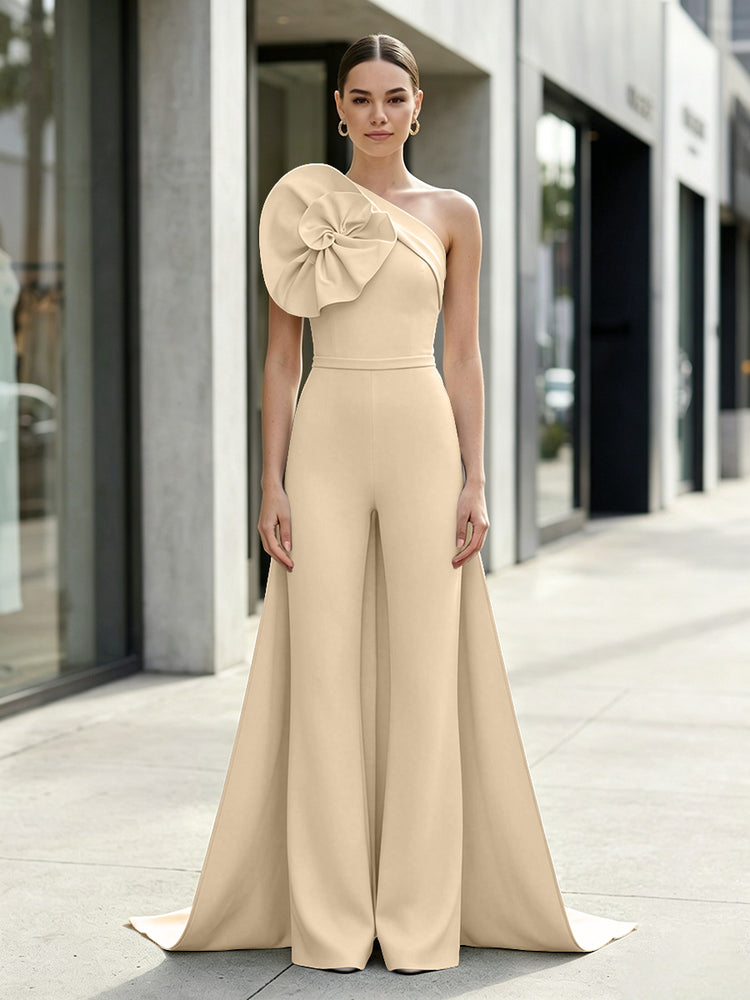 Satin Jumpsuit One Shoulder Long Evening Dresses with 3D Flowers