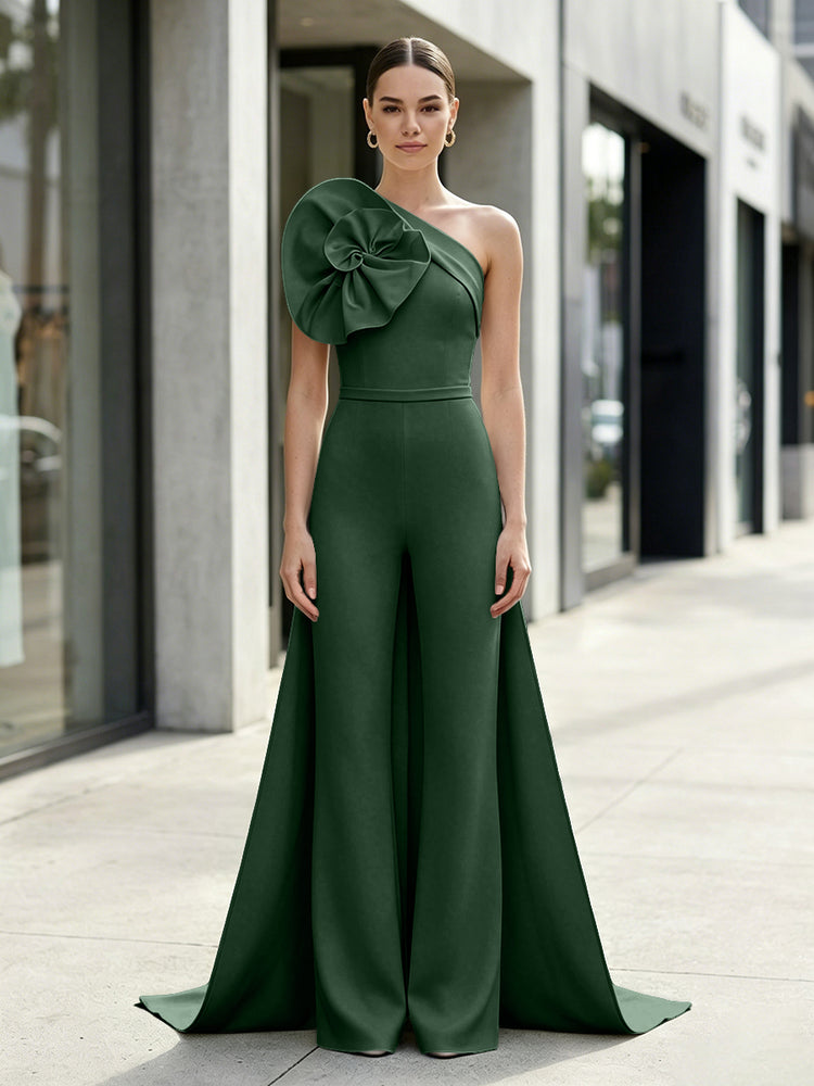 Satin Jumpsuit One Shoulder Long Evening Dresses with 3D Flowers