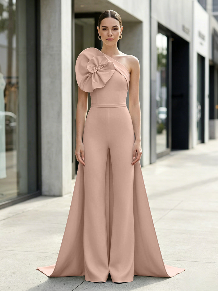 Satin Jumpsuit One Shoulder Long Evening Dresses with 3D Flowers