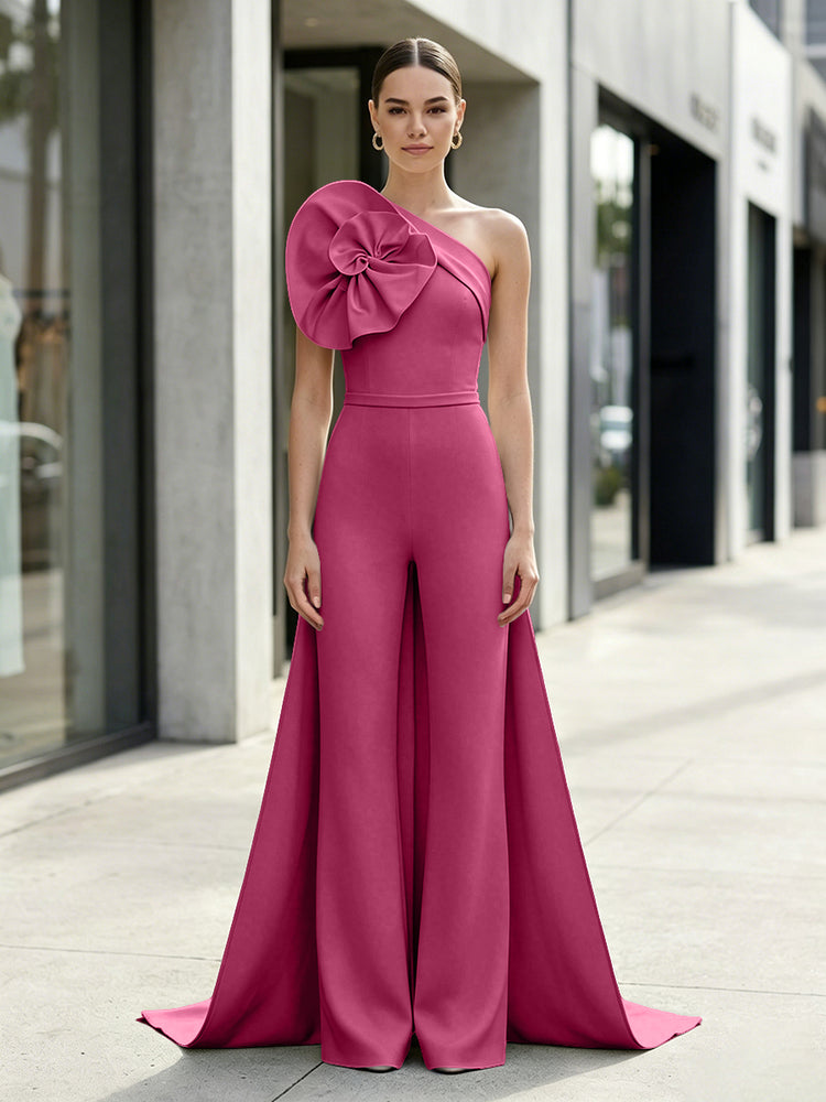 Satin Jumpsuit One Shoulder Long Evening Dresses with 3D Flowers