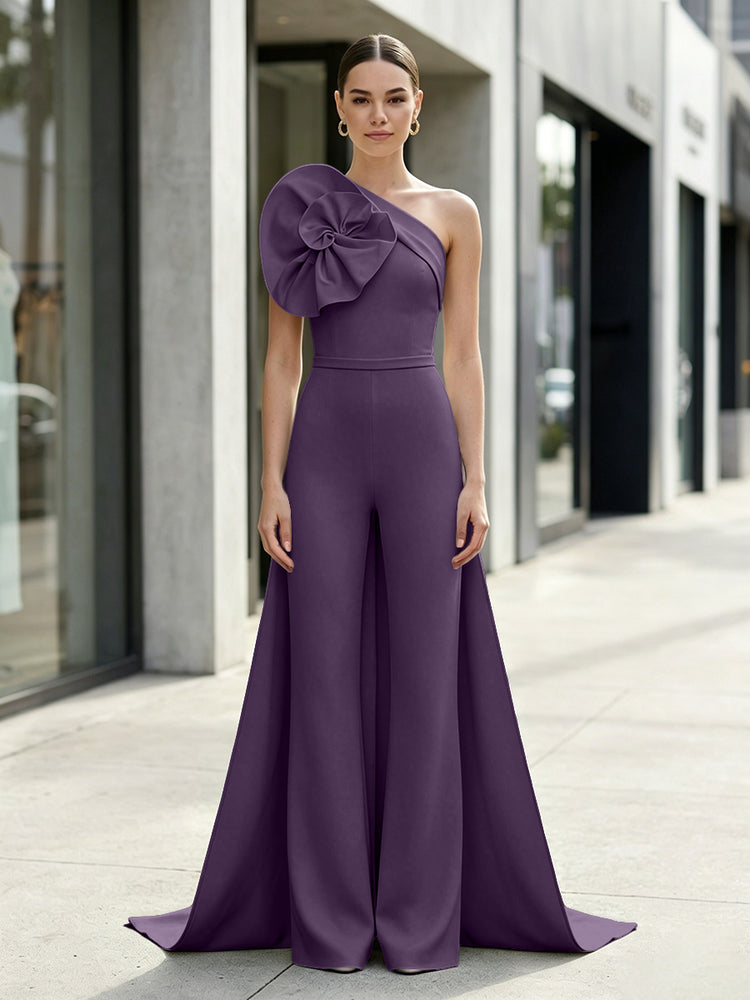 Satin Jumpsuit One Shoulder Long Evening Dresses with 3D Flowers