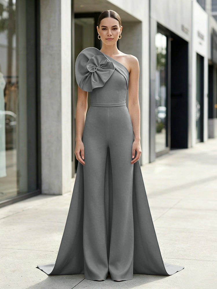 Satin Jumpsuit One Shoulder Long Evening Dresses with 3D Flowers
