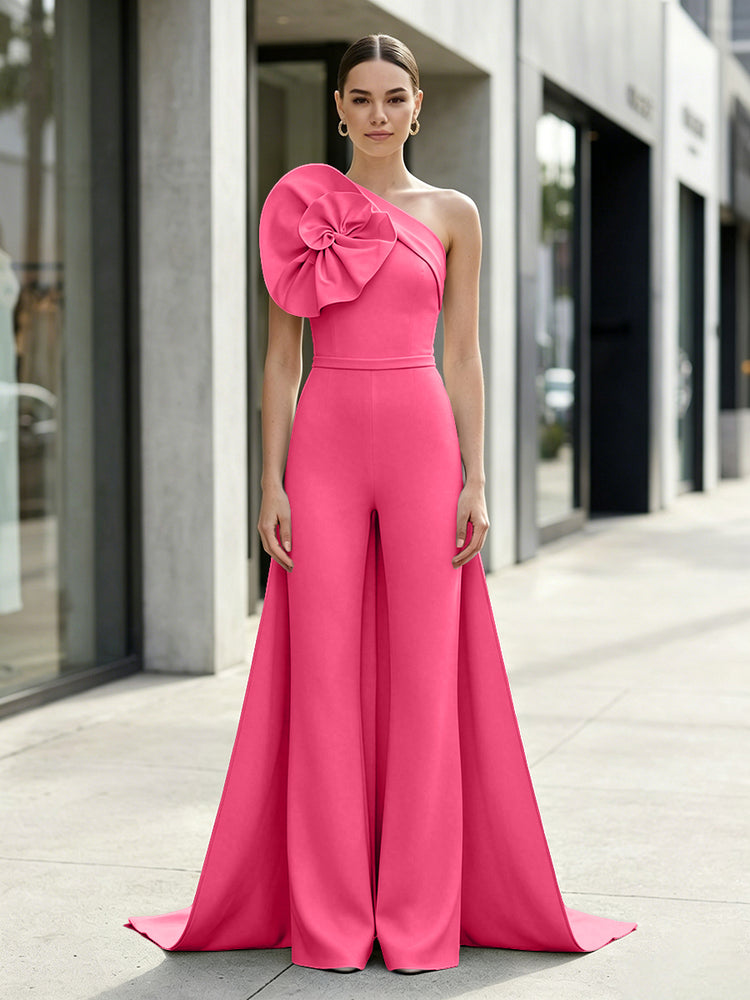 Satin Jumpsuit One Shoulder Long Evening Dresses with 3D Flowers