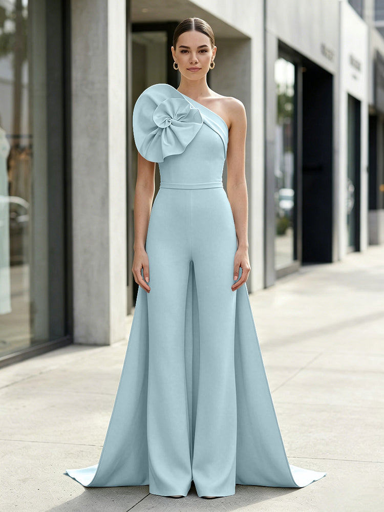 Satin Jumpsuit One Shoulder Long Evening Dresses with 3D Flowers