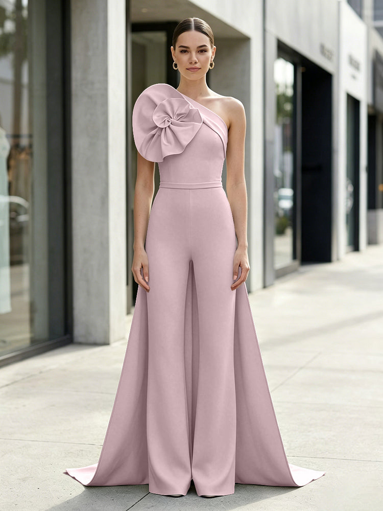 Satin Jumpsuit One Shoulder Long Evening Dresses with 3D Flowers